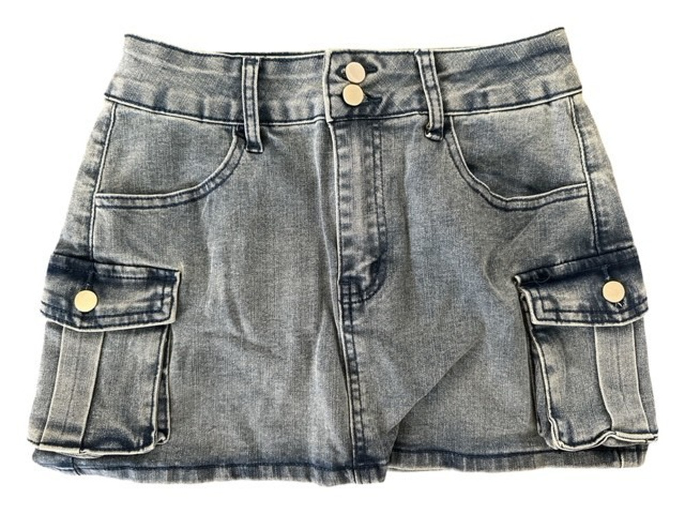 Etosell Small Denim Mini Skirt Blue Low Waist Jean Cargo Y2K Button Flap Pockets